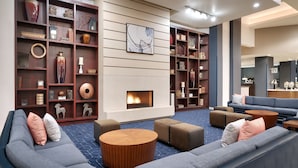 Un área de descanso moderna con sofás, una chimenea y estanterías decorativas.