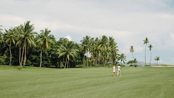 Un campo de golf con un césped bien cuidado, palmeras y cielo despejado.