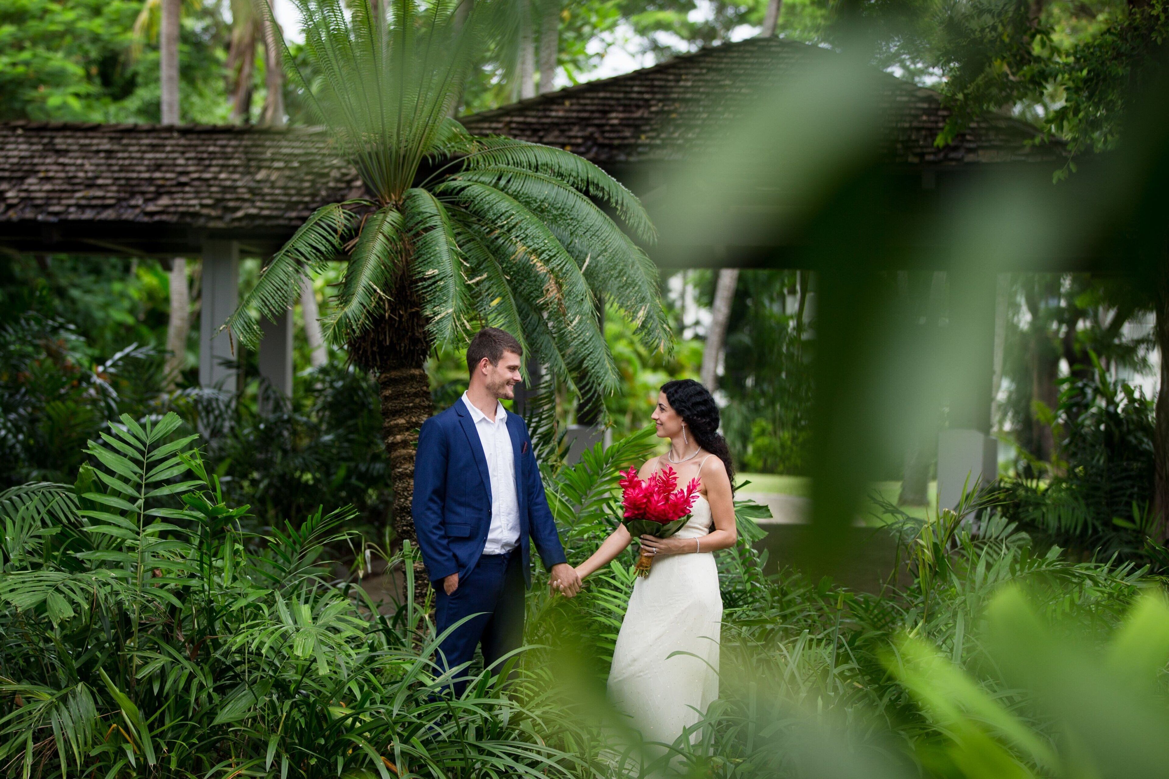 Una parella agafant-se de mans en un jardí exuberant, amb una palmera i una construcció amb teulada de palla al fons.