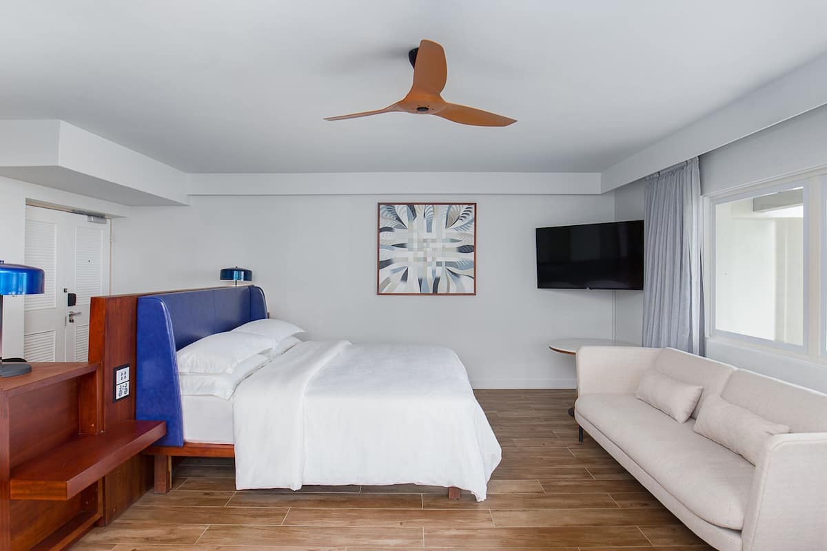 A modern hotel room with a bed, a sofa, a flat-screen TV, a ceiling fan, and a large window.