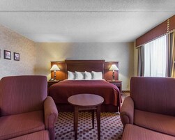 Habitación de hotel con cama, dos mesitas de noche con lámparas, una mesita redonda pequeña, dos sillones y una alfombra estampada.