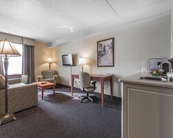 Una habitación de hotel con sofá, sillón, escritorio y televisor.