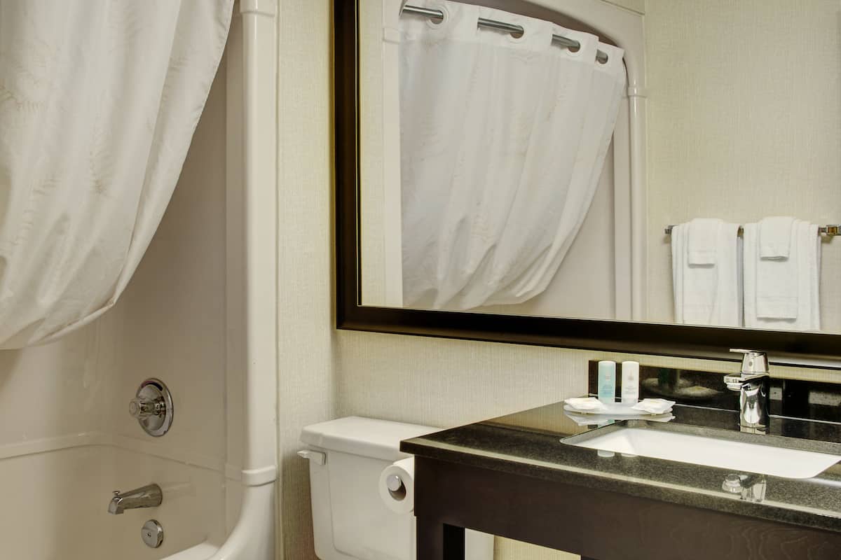 Combined shower/bathtub, free toiletries, hair dryer, bathrobes