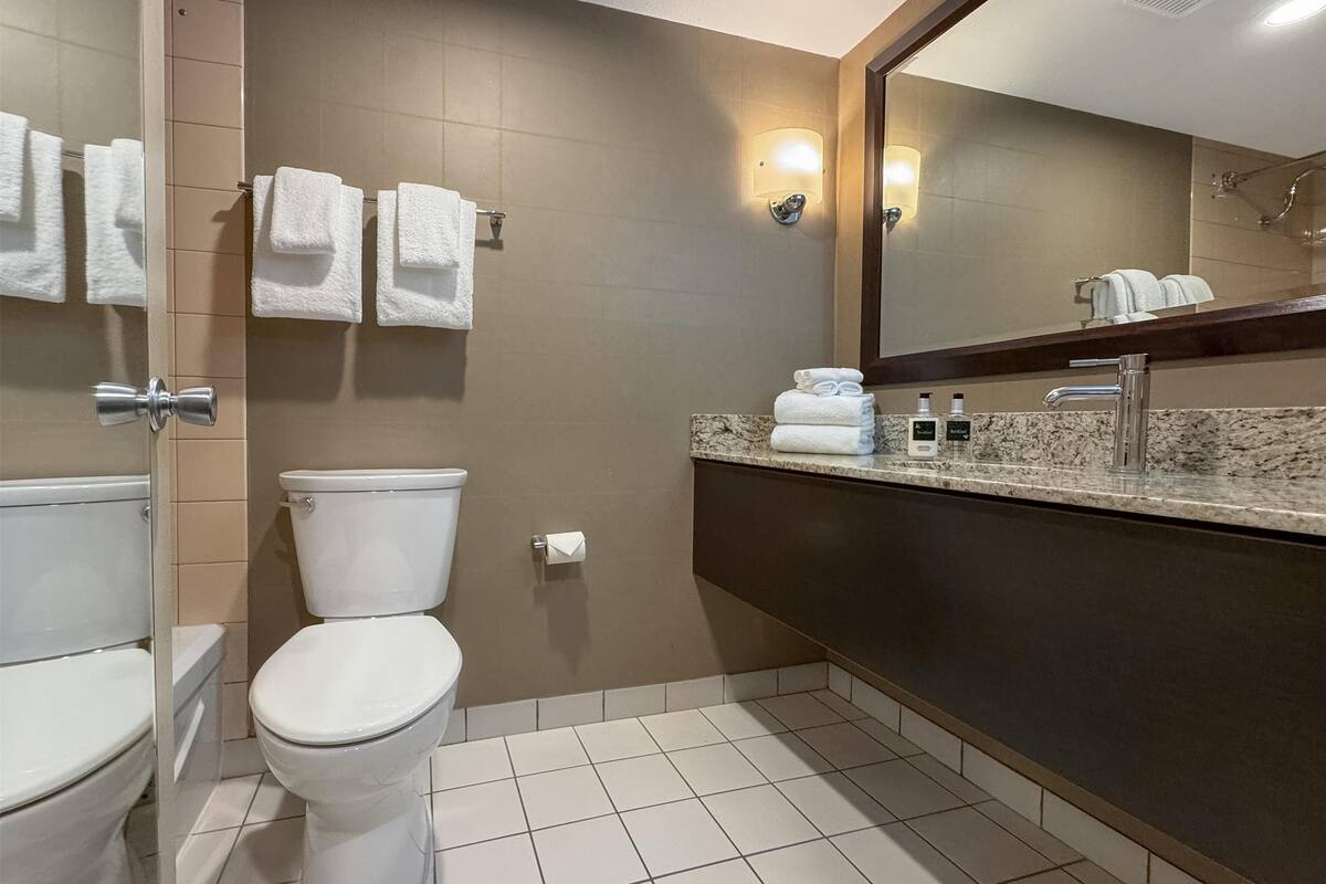 combined shower/bathtub, eco-friendly toiletries, hair dryer, towels