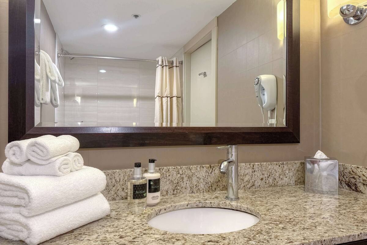 combined shower/bathtub, eco-friendly toiletries, hair dryer, towels