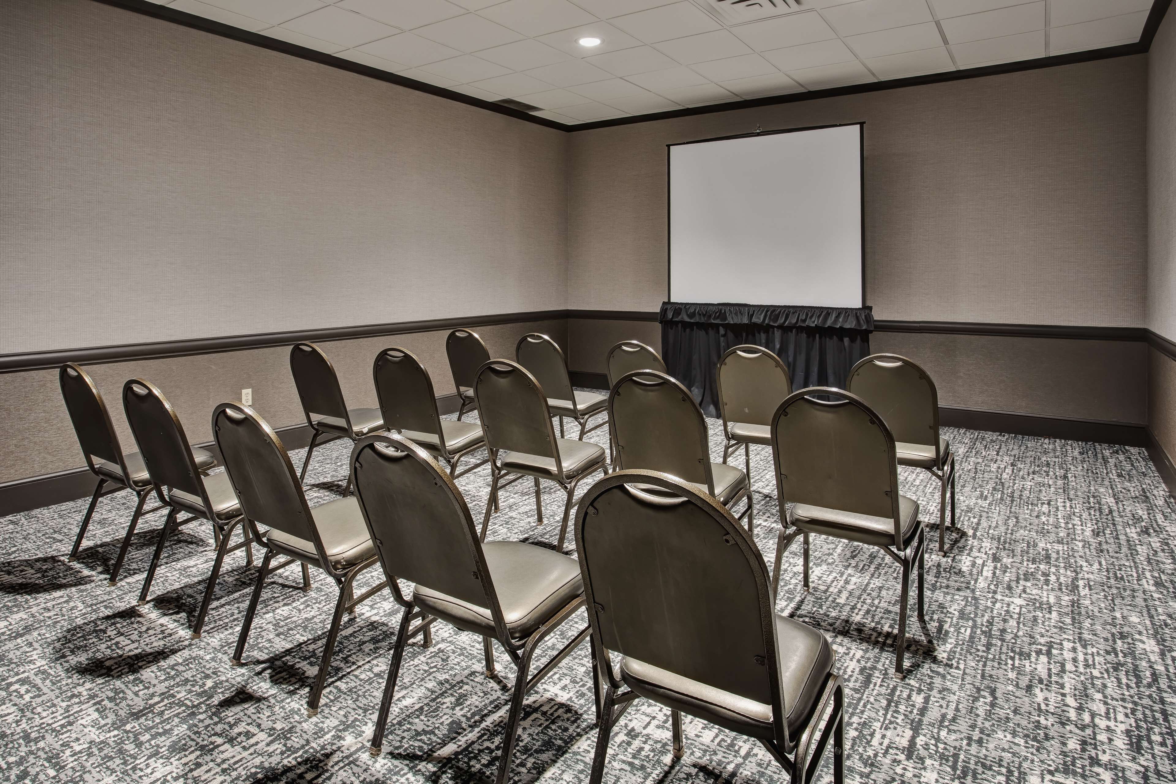 A conference room with rows of chairs, a projector screen, and a carpeted floor.