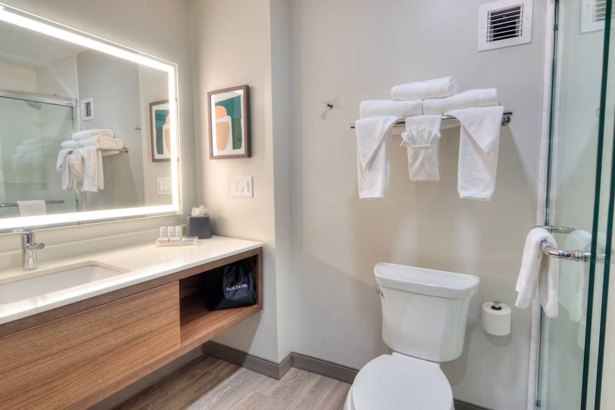 Ein modernes Badezimmer mit großem Spiegel, weißer Toilette und Duschkabine aus Glas.