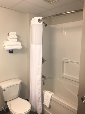 Combined shower/bathtub, eco-friendly toiletries, hair dryer, towels