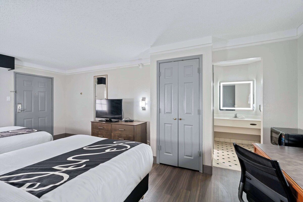A hotel room with two beds, a TV, a desk, a mirror, and a wardrobe.