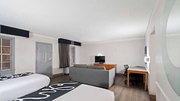 Pillowtop beds, desk, blackout drapes, iron/ironing board