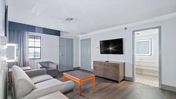 Pillowtop beds, desk, blackout drapes, iron/ironing board