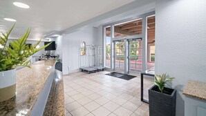 Een moderne lobby met een receptiebalie, een grote potplant, een televisie en een glazen deur naar buiten.