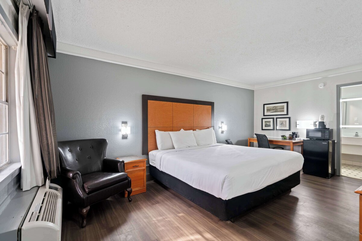 A hotel room with a large bed, a desk, a chair, a heater, and a window with curtains.