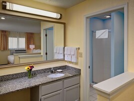 Une salle de bain d’hôtel avec un comptoir en granit, un lavabo, un miroir et un espace douche.