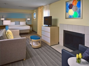 Premium bedding, pillow-top beds, desk, laptop workspace