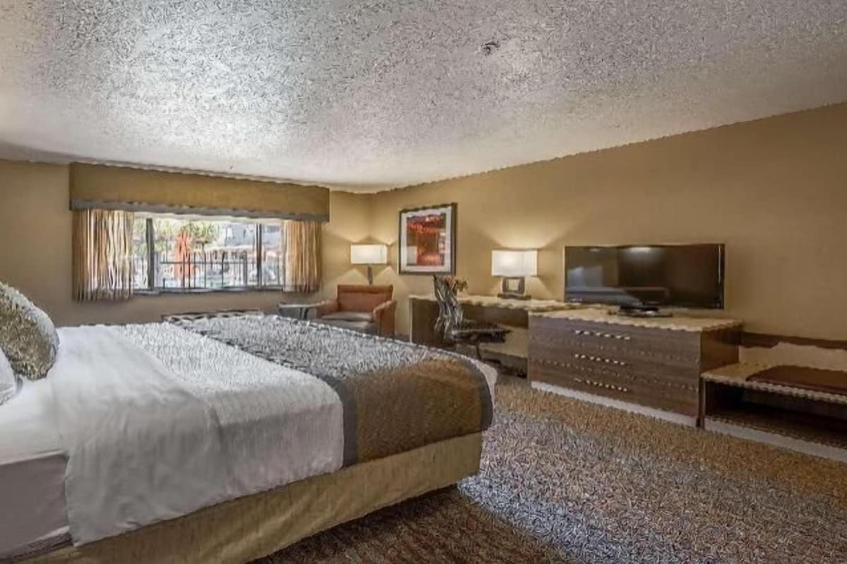 A hotel room with a large bed, a TV, a desk with a lamp, and a window with curtains.