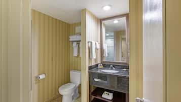 A bathroom with a toilet, sink, and mirror.