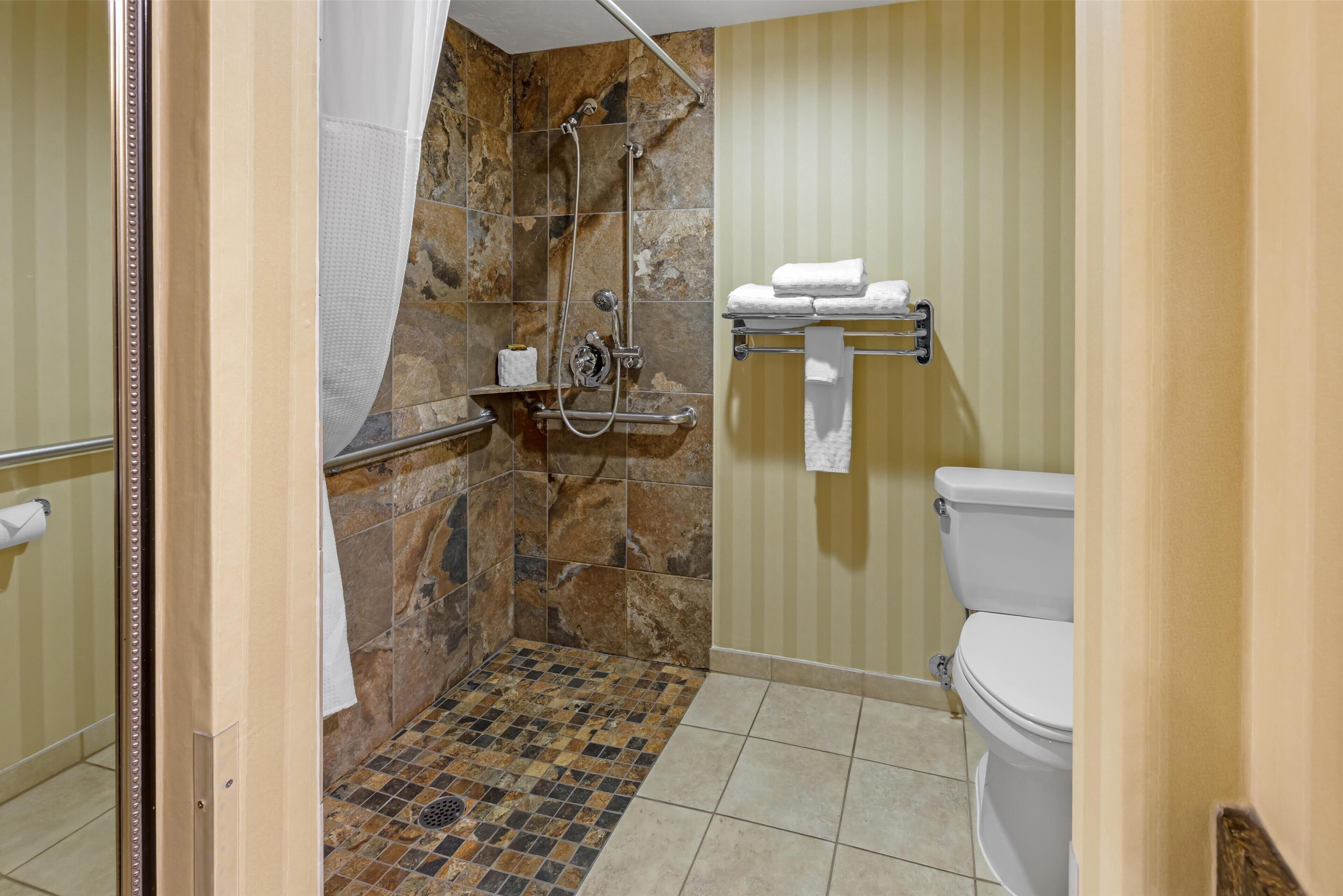 A bathroom with a shower, toilet, and a towel rack.