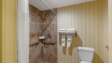 Une salle de bain équipée d’une douche, de toilettes et d’un porte-serviettes.