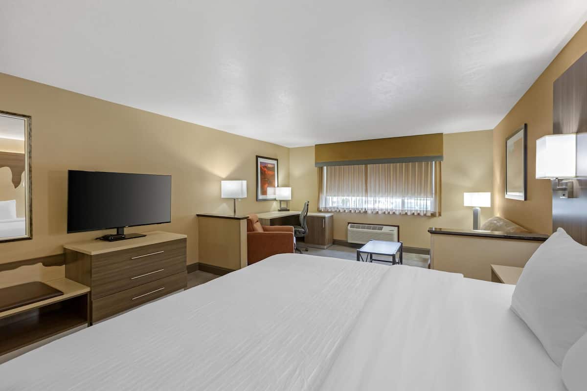 A hotel room with a large bed, a desk with a chair, a television, and a window with curtains.