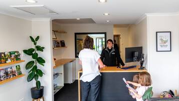A reception area with a reception desk, a large mirror, and a potted plant.