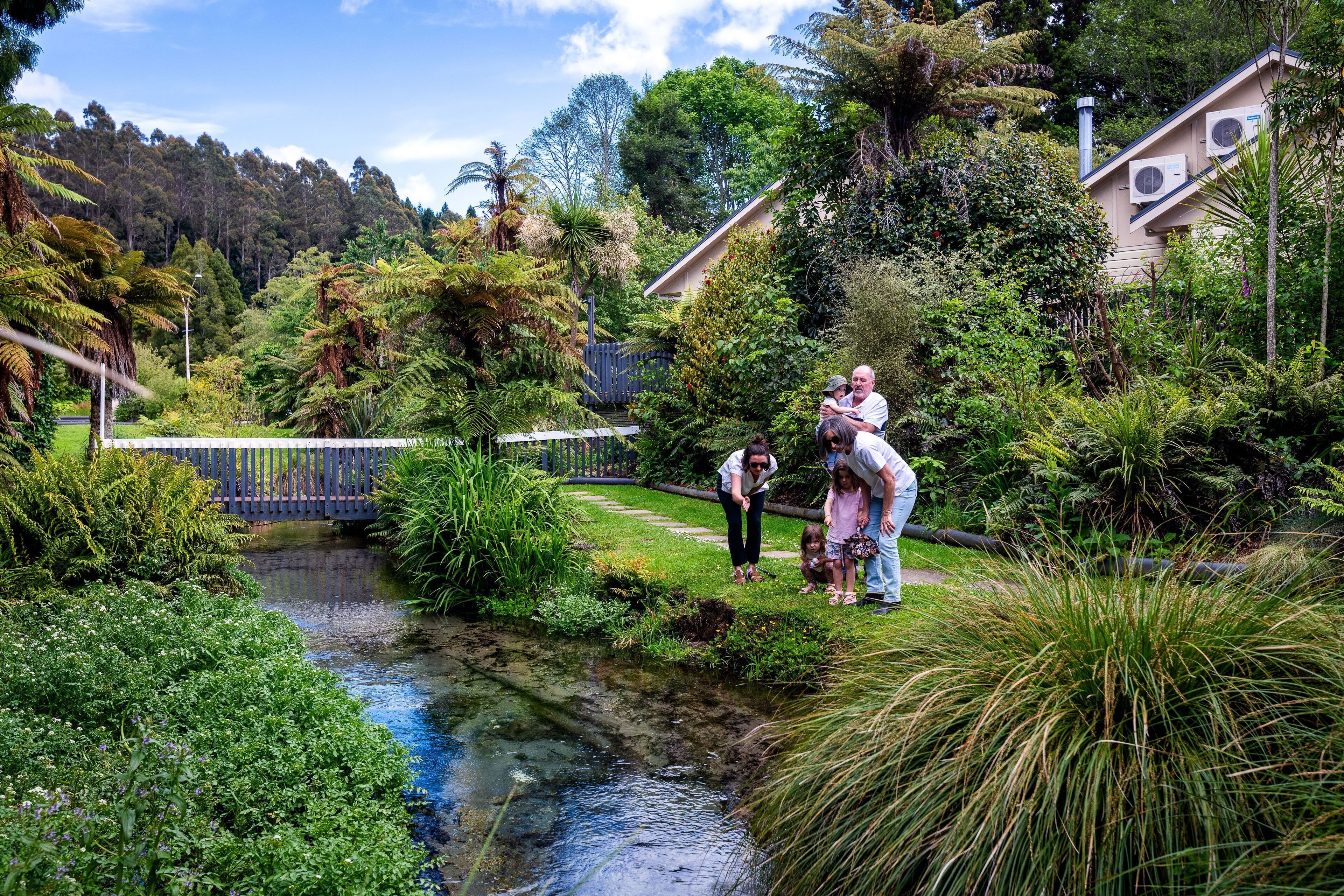 Un jardín exuberante con un pequeño arroyo, un puente de madera y una casa con equipos de aire acondicionado.