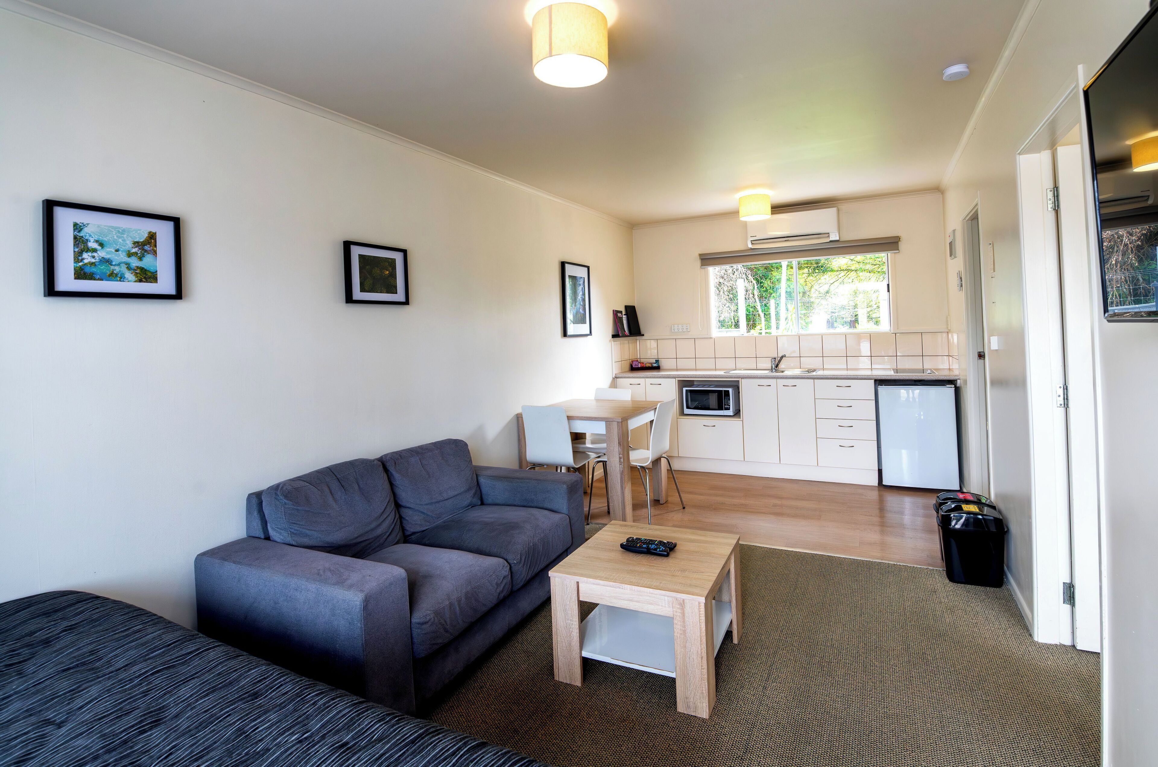 A compact living space with a sofa, a small table, a kitchen area with a microwave, and a dining table.