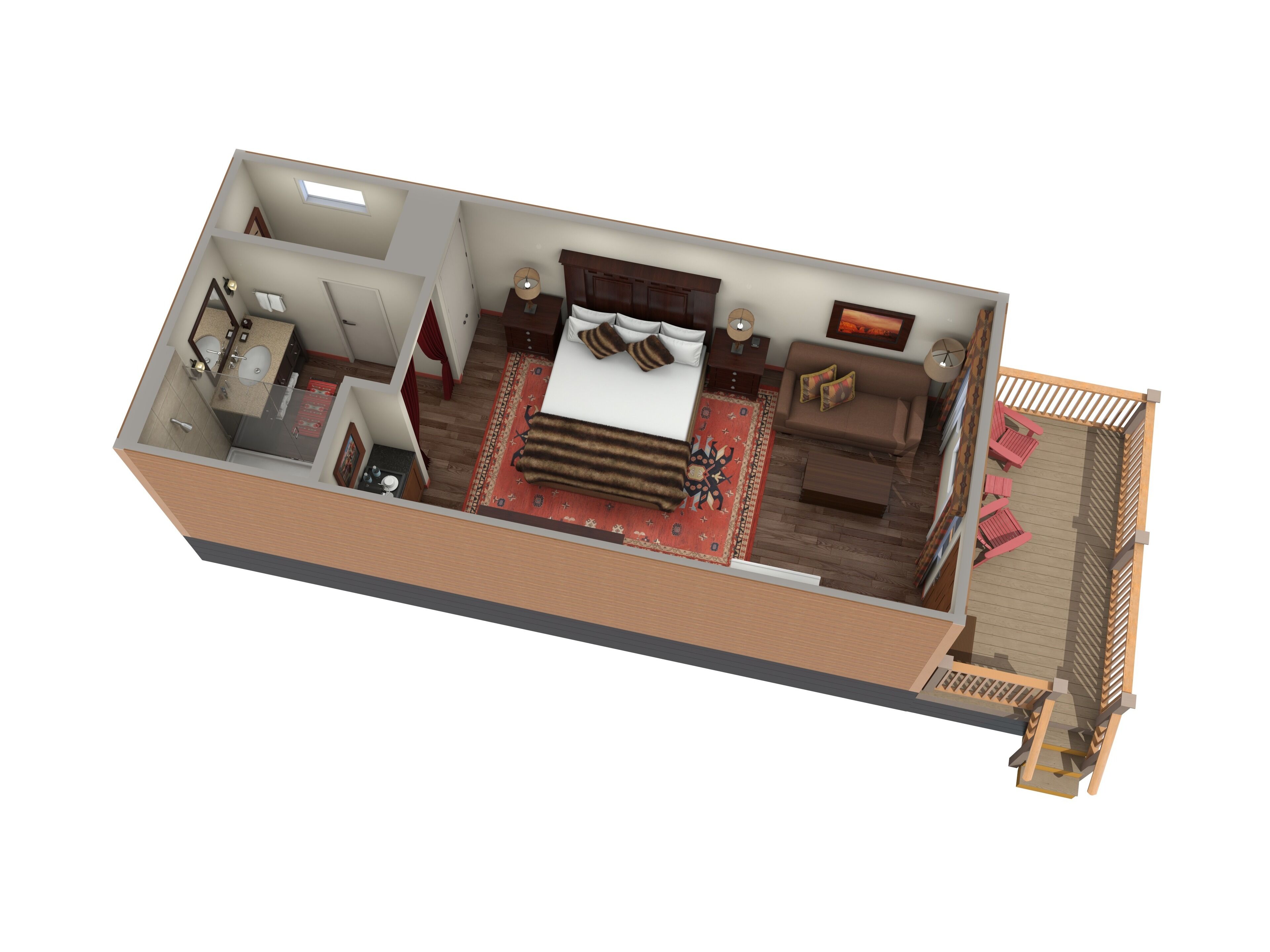 A 3D floor plan of a hotel room with a bed, a sofa, a small table, a nightstand, a bathroom, and a balcony.