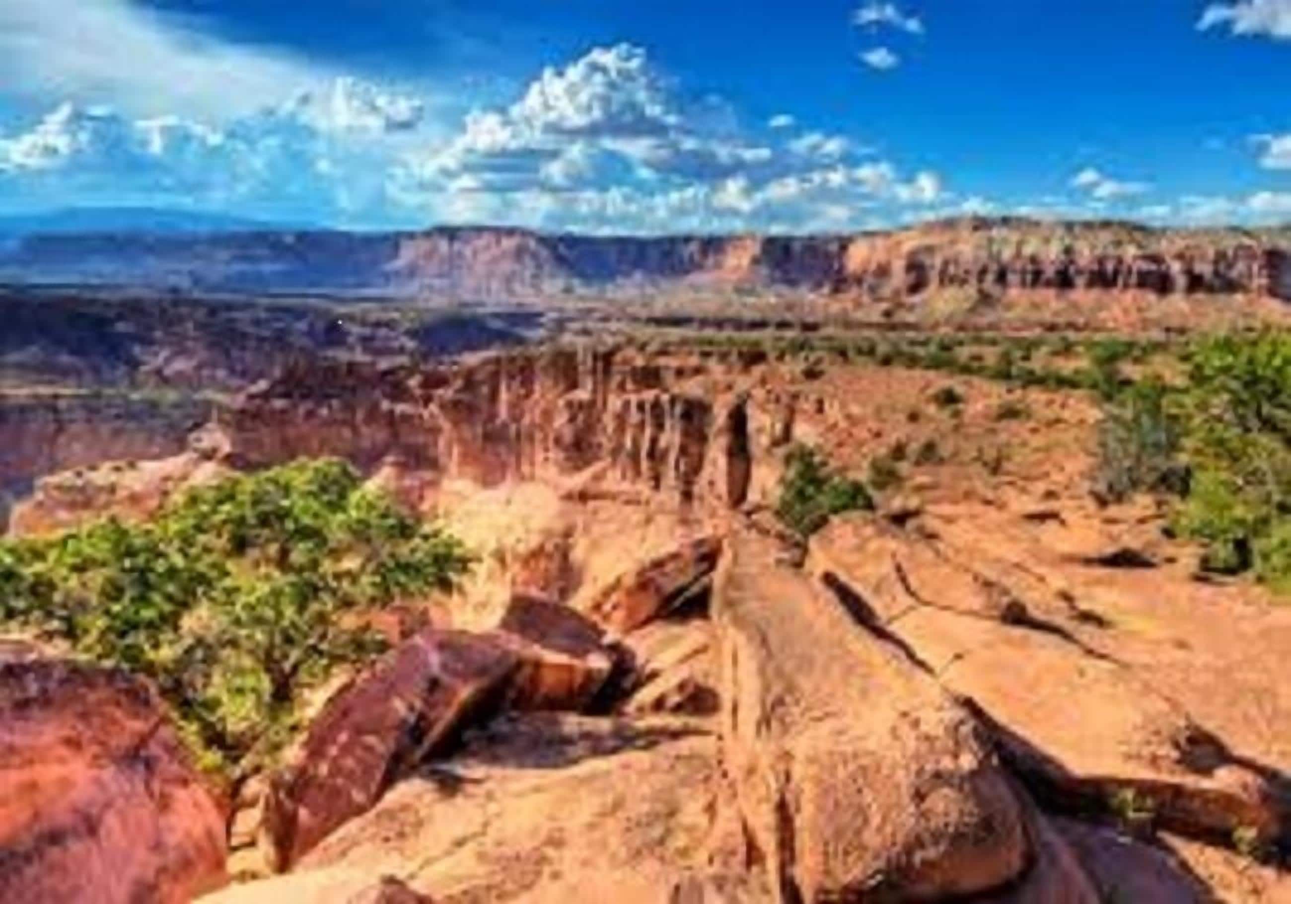 Un paysage de canyon caractérisé par des formations rocheuses imposantes et une végétation clairsemée.