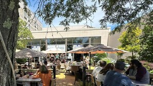An outdoor dining area with tables and umbrellas, surrounded by trees and a building with large windows. - DoubleTree by Hilton Boston - Milford (Milford)