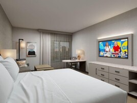 Hypo-allergenic bedding, in-room safe, blackout drapes