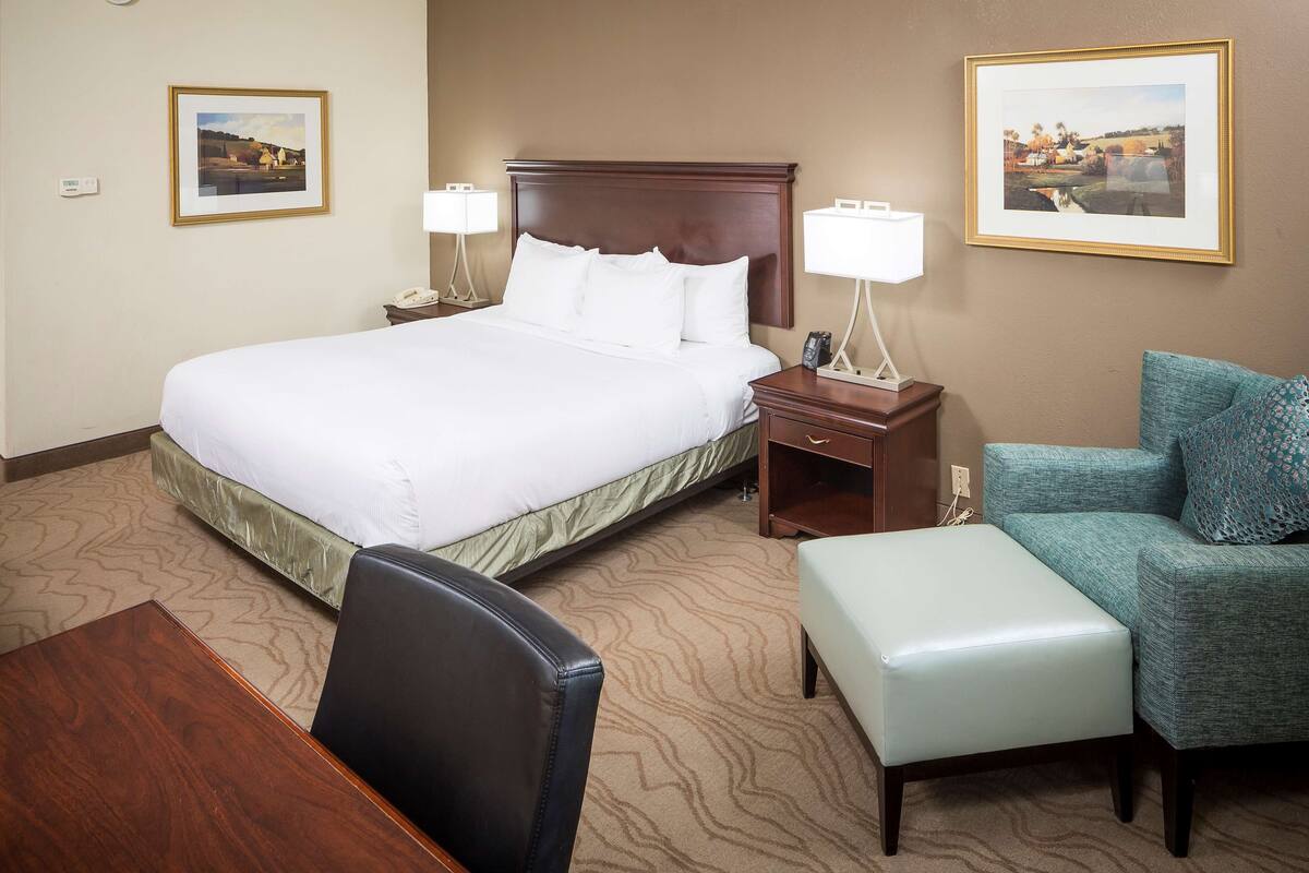 A hotel room with a large bed, a desk, a chair, a sofa, and two framed pictures on the walls.