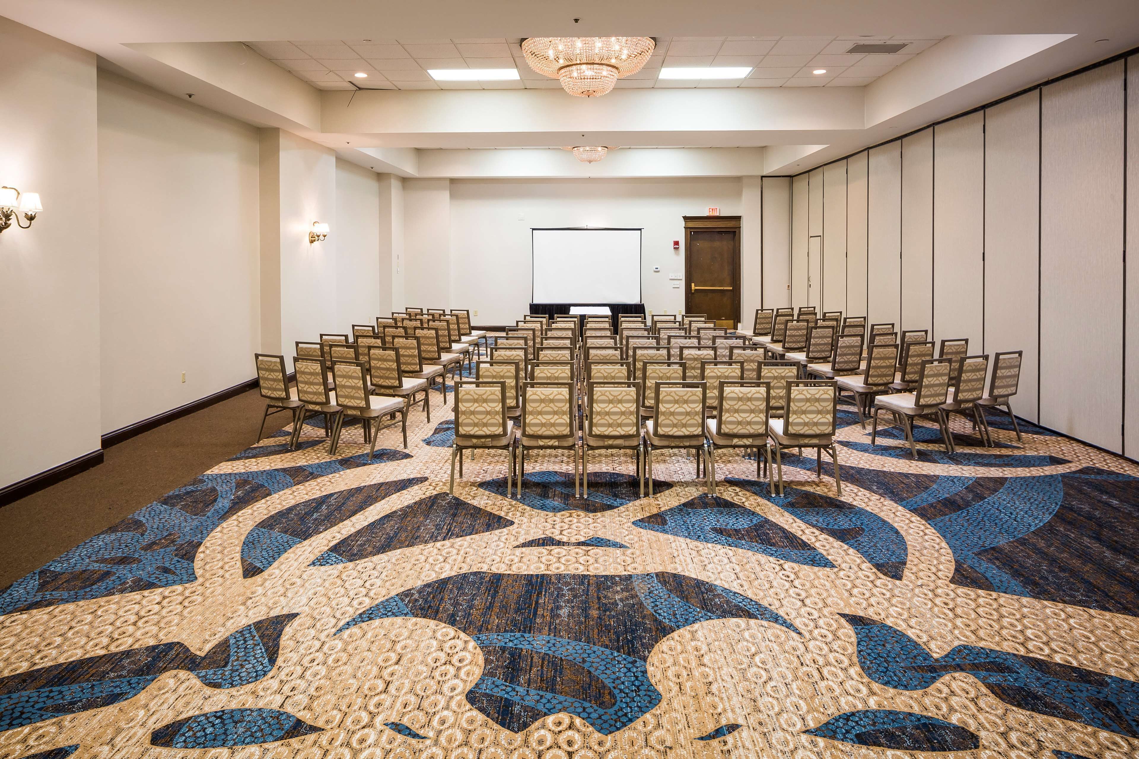 A conference room with rows of chairs, a projector screen, and a carpet with a geometric pattern.