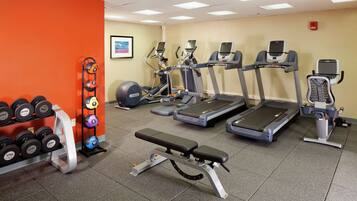 A gym with treadmills, elliptical machines, a bench press, and a rack of dumbbells.