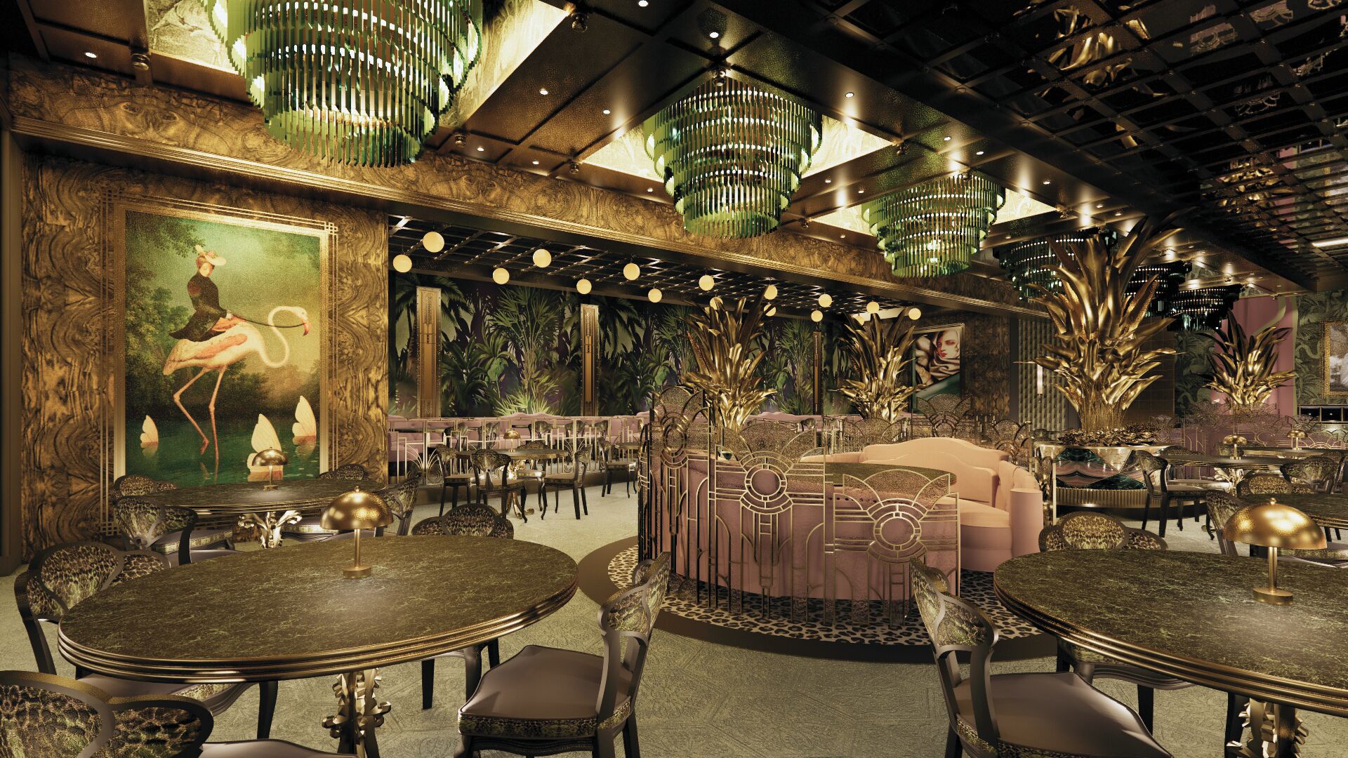 Un interior lujoso con mesas redondas, sillas elegantes y candelabros ornamentados.