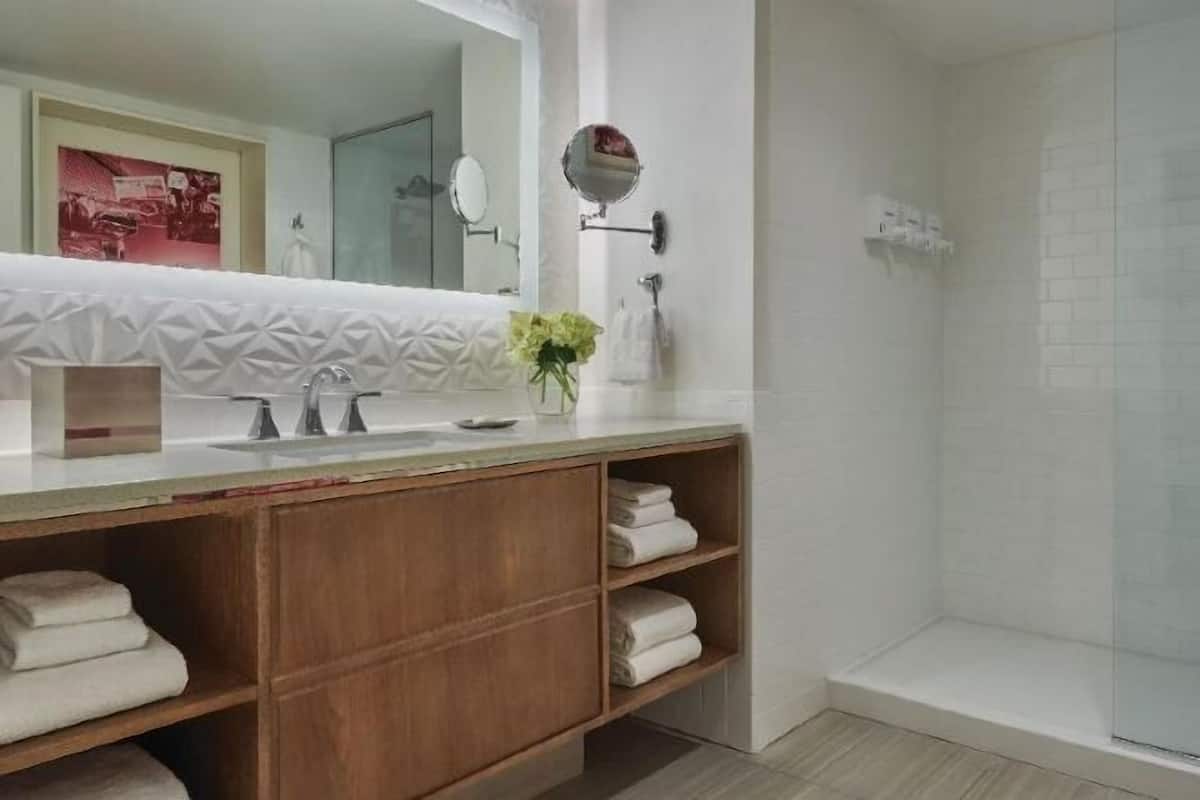 Shower, eco-friendly toiletries, hair dryer, towels