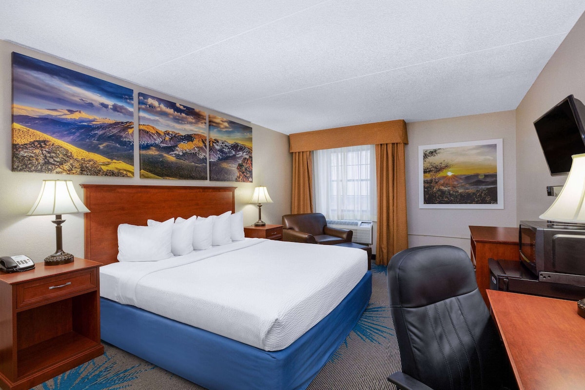 A hotel room with a large bed, a desk, a chair, a TV, and artwork on the walls.