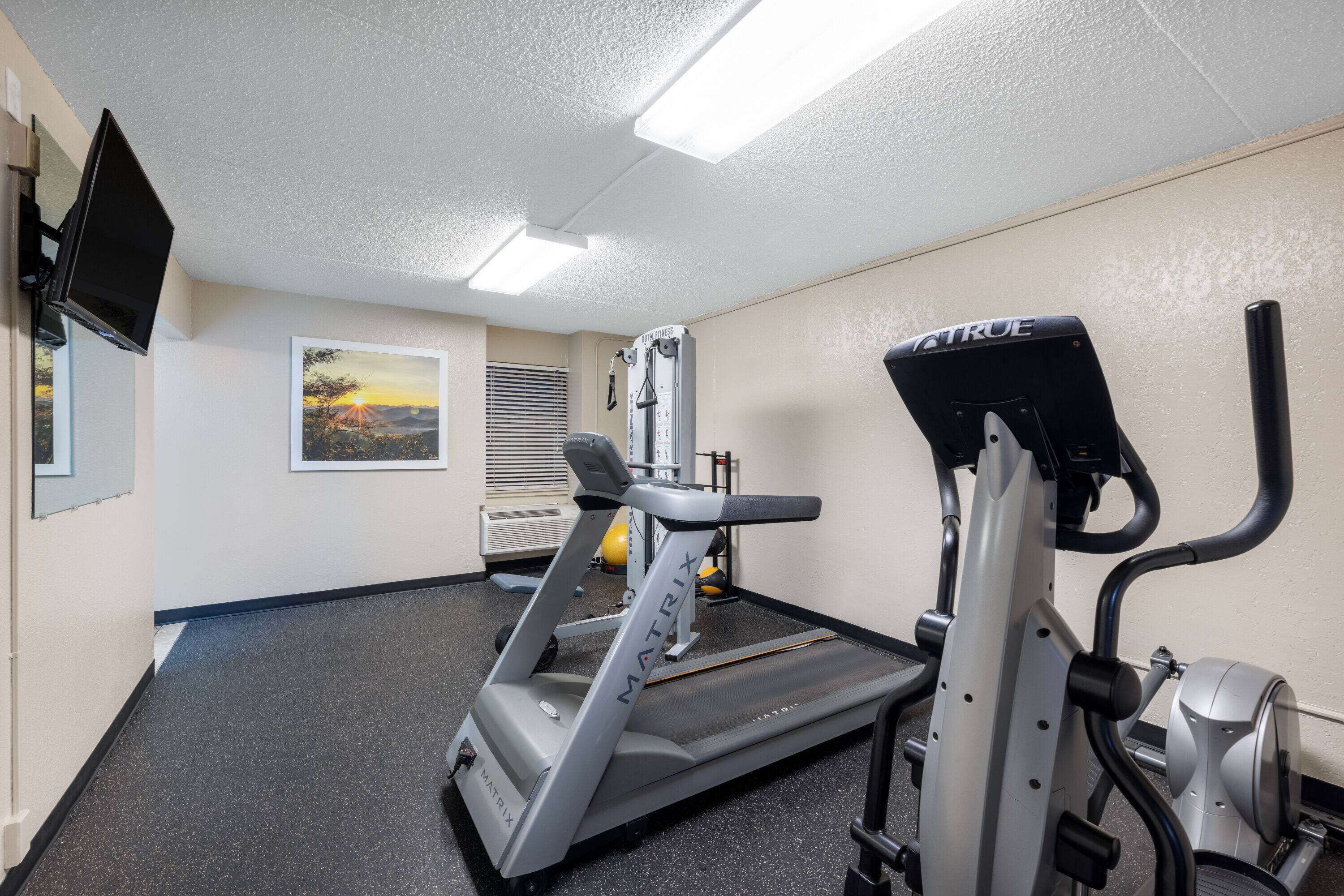 Une salle de sport équipée de tapis de course et de machines elliptiques, avec un téléviseur fixé au mur et un tableau représentant un coucher de soleil.