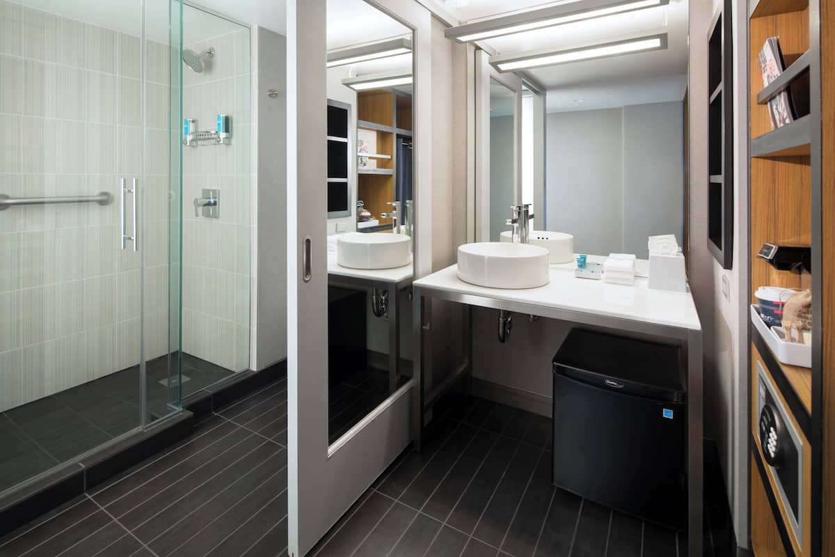 shower, free toiletries, hair dryer, towels