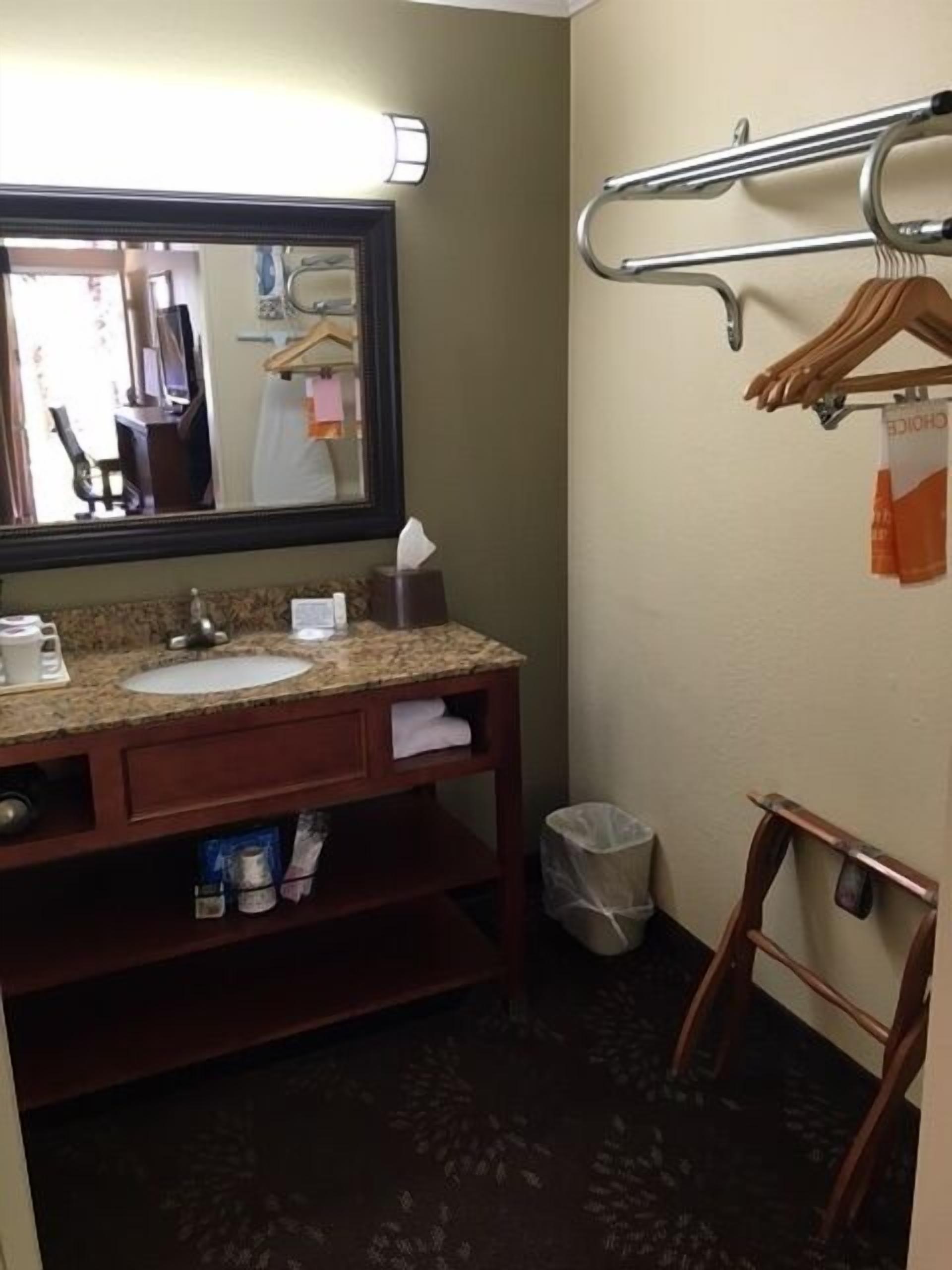 A hotel bathroom with a sink, mirror, towel rack, and a trash bin.