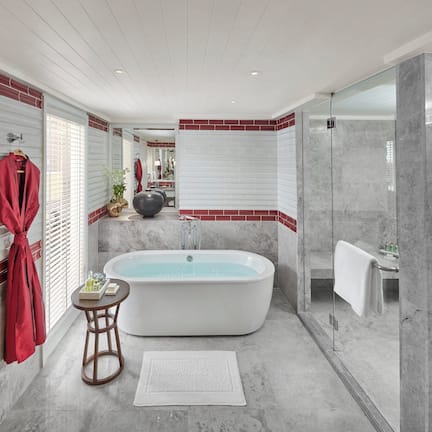 Shower, eco-friendly toiletries, hair dryer, bathrobes