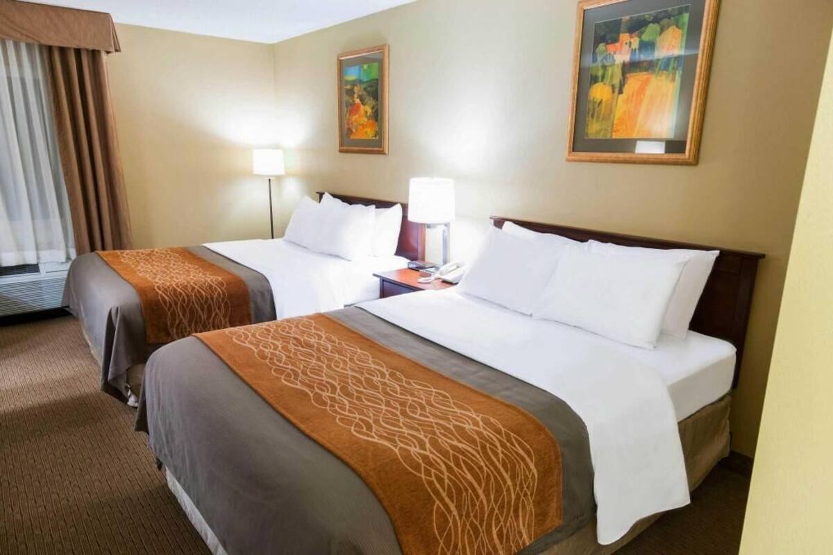 A hotel room with two beds, a bedside table with a lamp, and artwork on the walls.