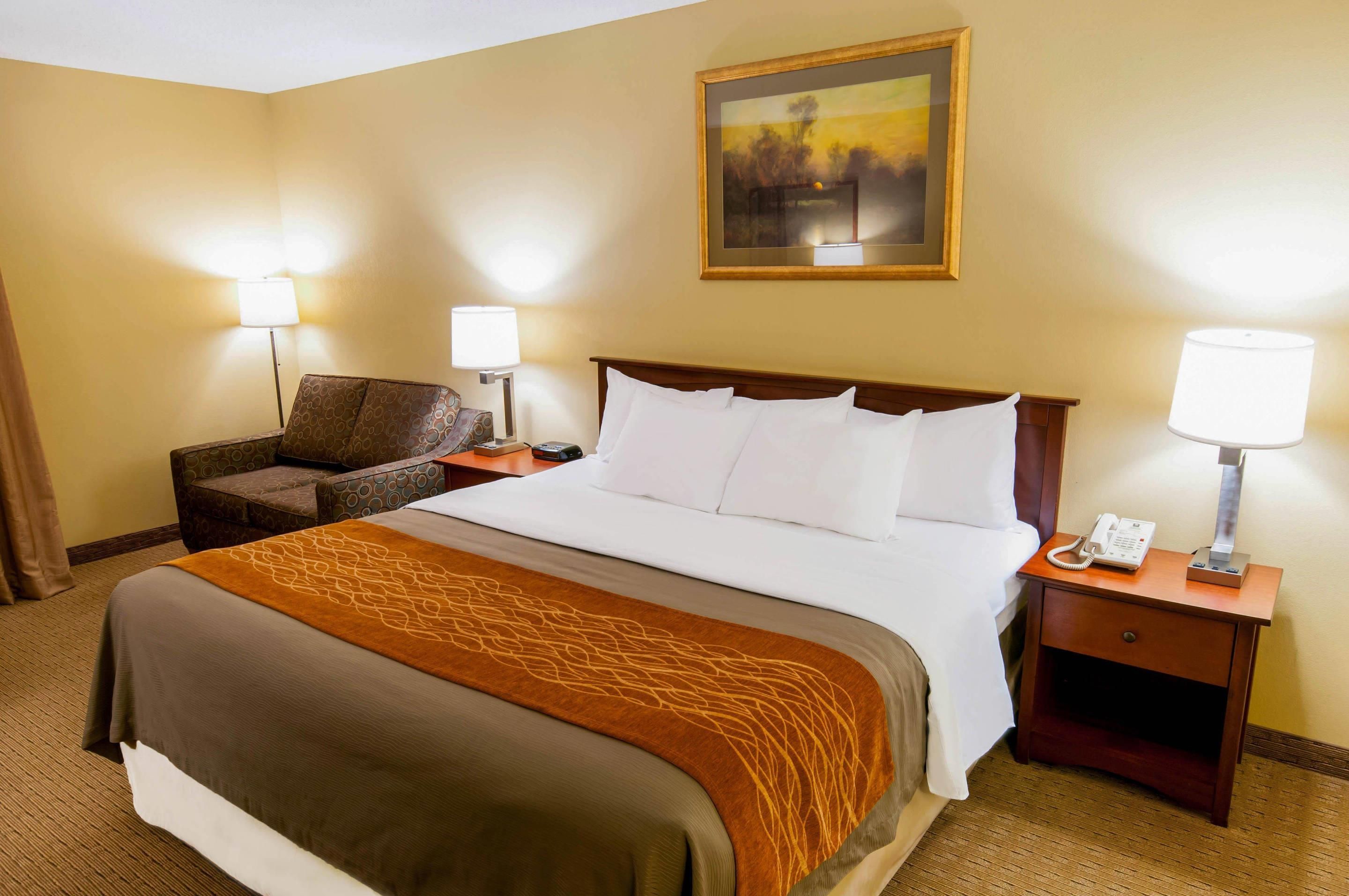 A hotel room with a large bed, a chair, a nightstand with a phone, and a painting on the wall.
