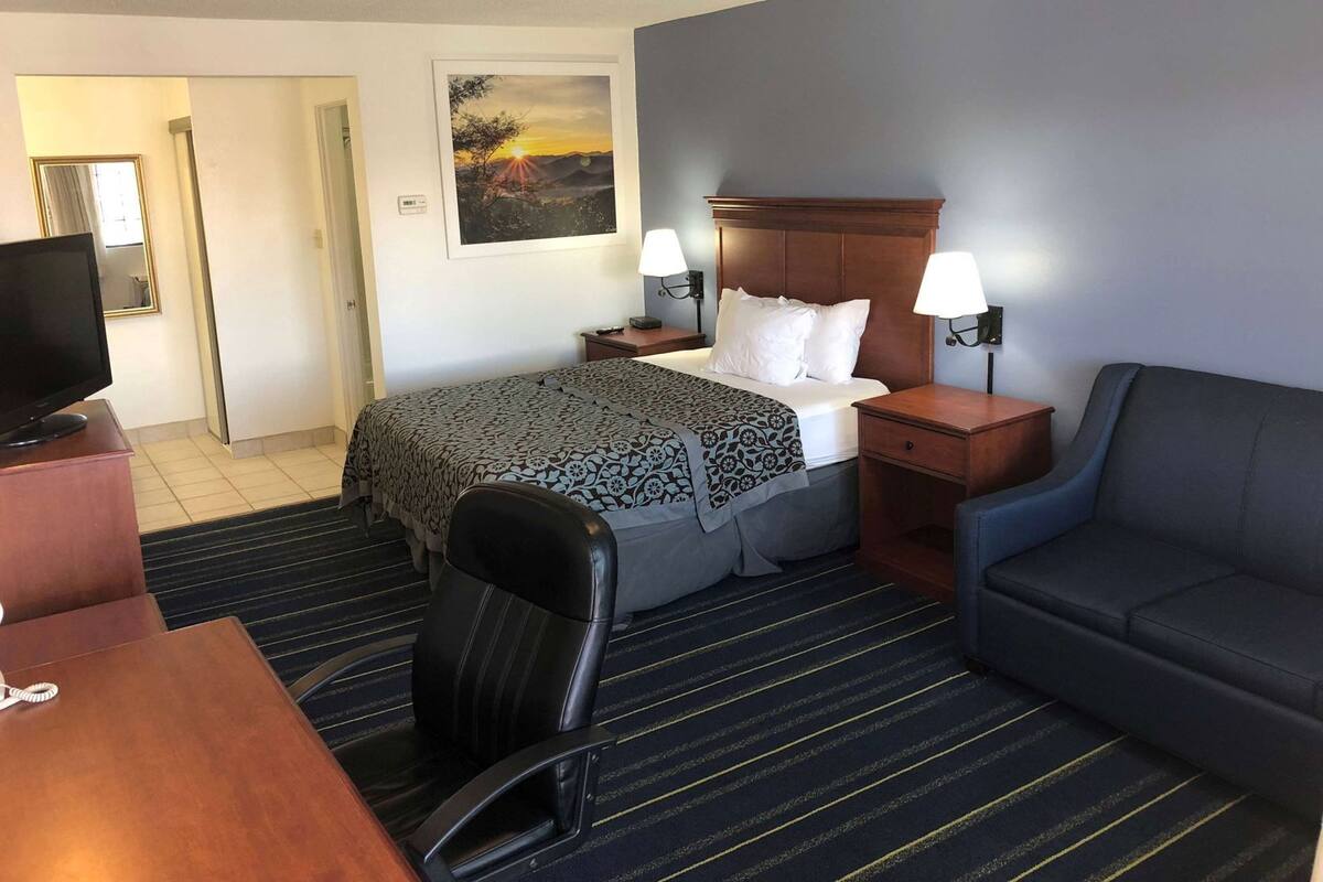 Une chambre d’hôtel avec un lit, des lampes de chevet, un bureau avec une télévision, une chaise, un canapé et un tableau au mur.