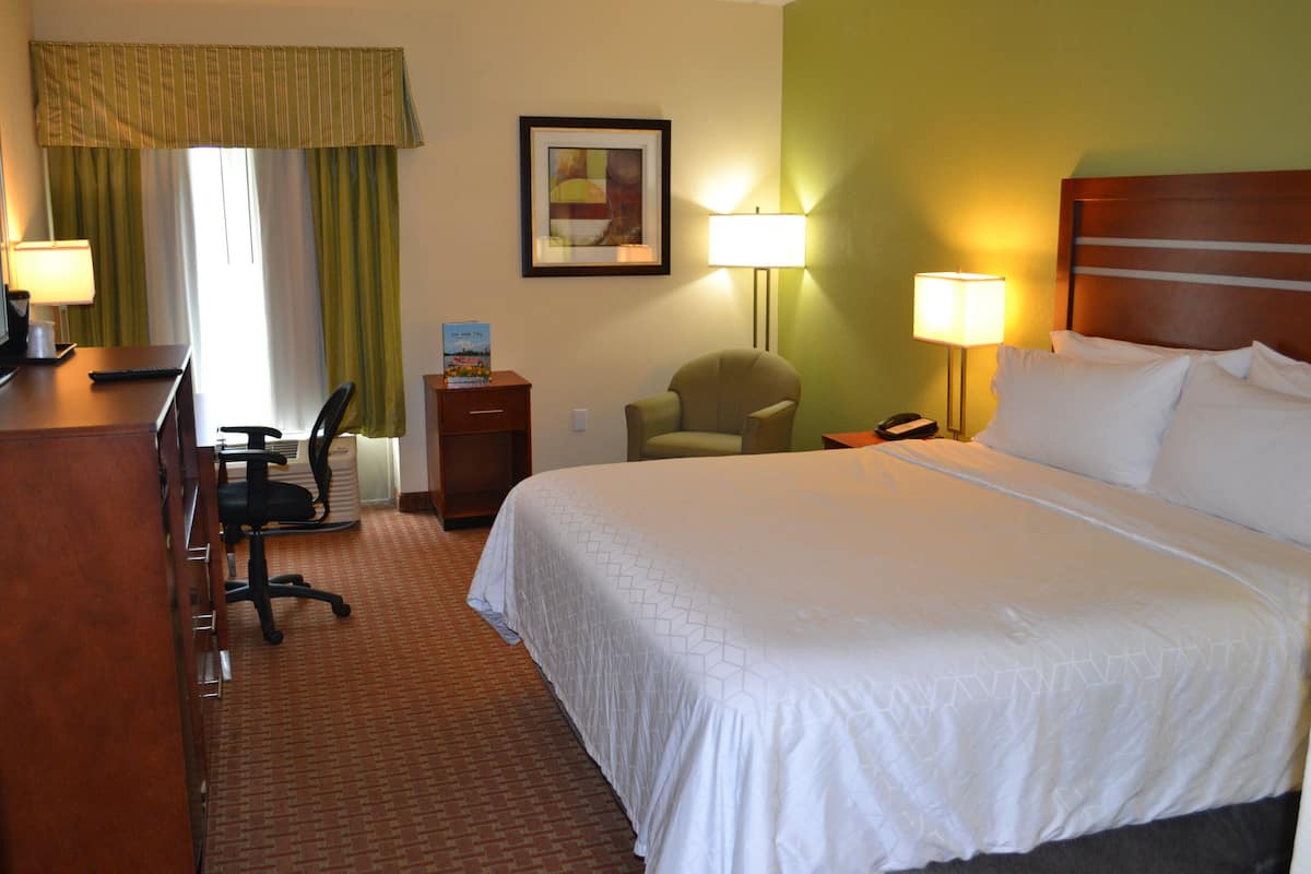 A hotel room with a large bed, a desk with a chair, a lamp, and a picture on the wall.