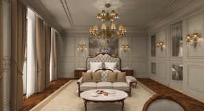 A luxurious bedroom with a large bed, a sofa, a coffee table, and a chandelier. - Hotel Savoia e Jolanda, WorldHotels Elite (Venice)