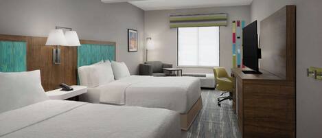 Habitación de hotel con dos camas, un escritorio, una silla, un televisor y una ventana.