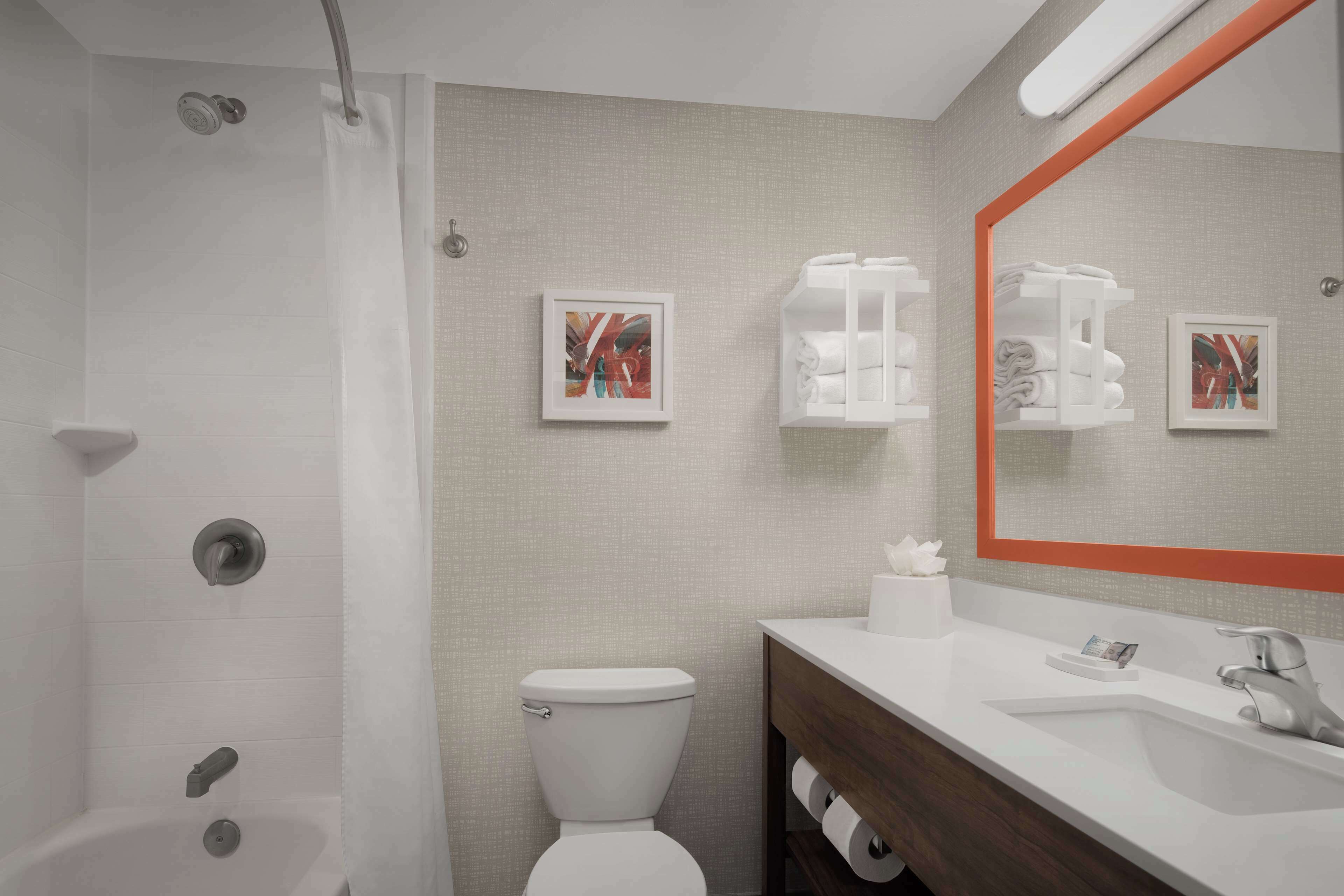 combined shower/bathtub, free toiletries, hair dryer, towels