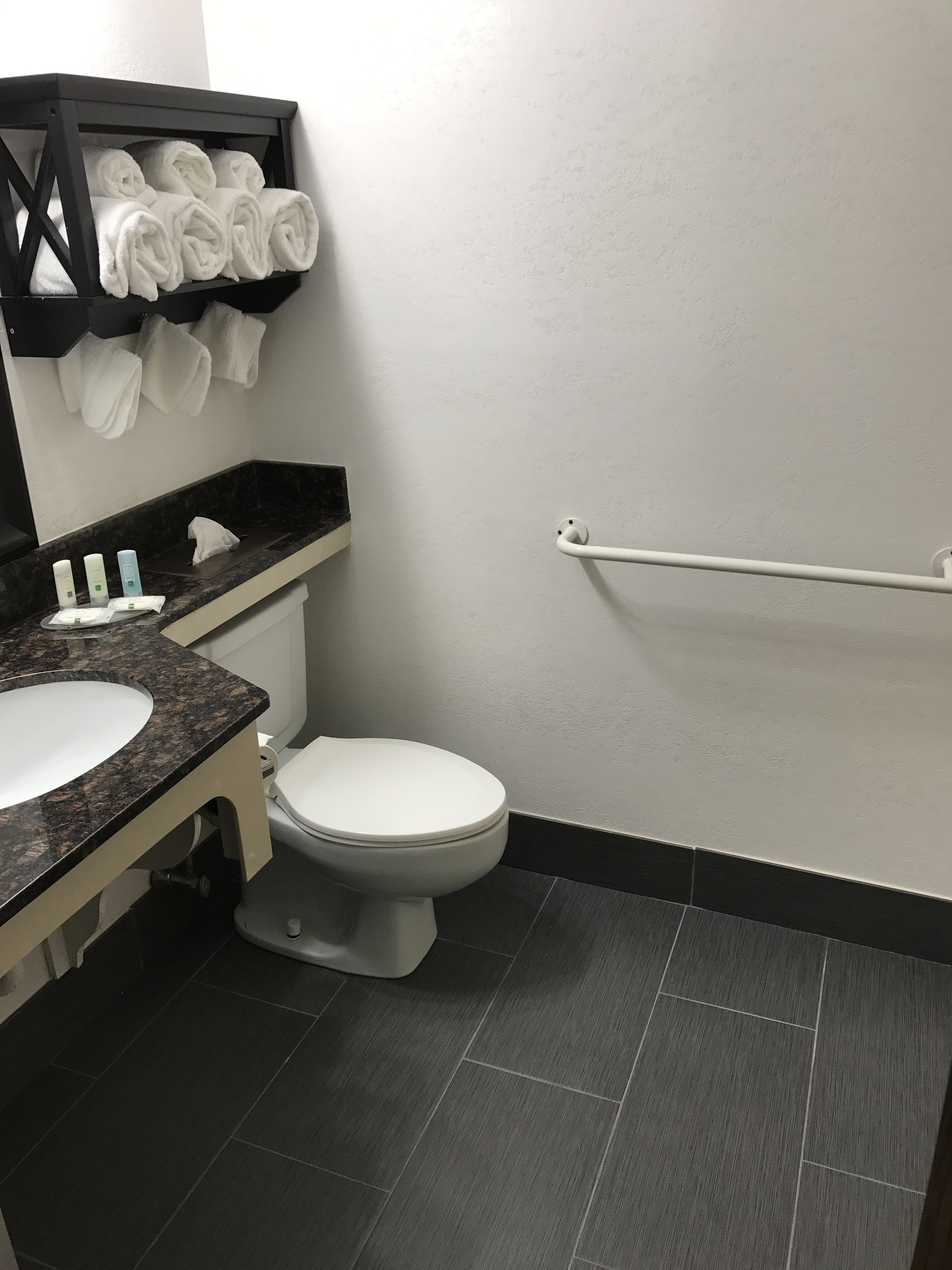 Ein Badezimmer mit einer weißen Toilette, einem schwarzen Marmorwaschbecken, einem Handtuchhalter mit gefalteten Handtüchern und einem Handdesinfektionsmittelspender.