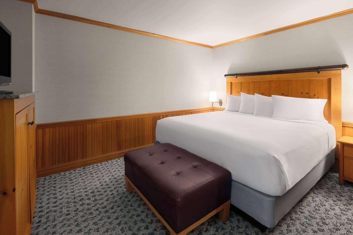 A hotel room with a large bed, a wooden headboard, a small wooden nightstand, a television on a cabinet, and a patterned carpet.